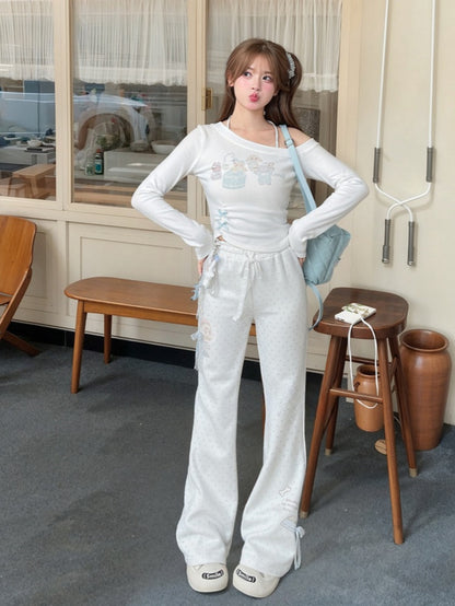 Weiß-blaue Schlaghose, normale/lange Version, gepunktete Spitzenschleife, bezaubernder Kätzchendruck