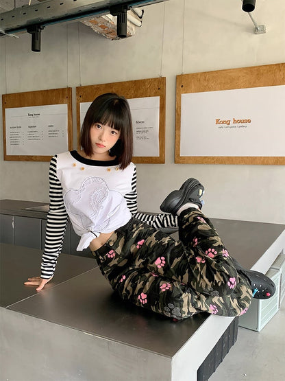 Pink Pants Camouflage Cat with Details Paw Rhinestone