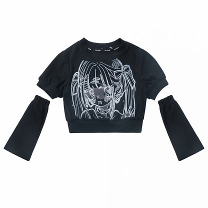 Black Anime Girl Print with Armwear Free Cropped T-shirt