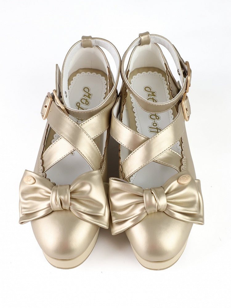 Platform Sweet in Look Bow Mary Shoes Lolita PU Top Wooden Golden at Jane