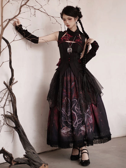 Black Gothic Dragon Embroidery Sleeveless Top Cutout Detail