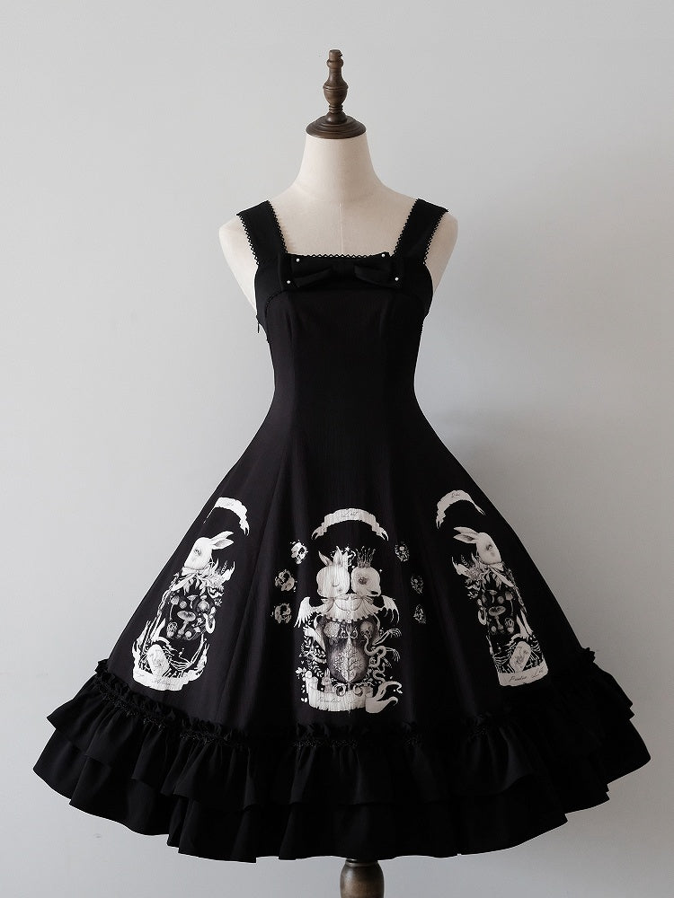 Dunkles Taillenkleid Gothic Bunny Fit Slim Lolita Schwarzer Druck