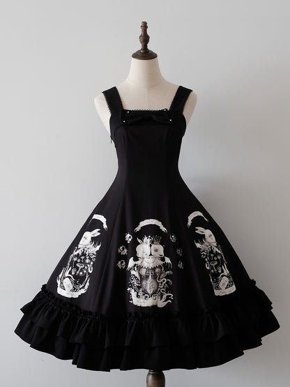 Dunkles Taillenkleid Gothic Bunny Fit Slim Lolita Schwarzer Druck