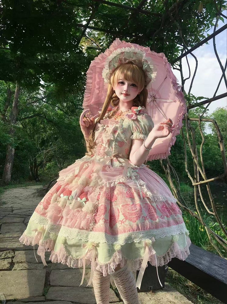Green & Pink Strawberry Cake Print Bell Sleeve Lolita Dress - Ball Lolita