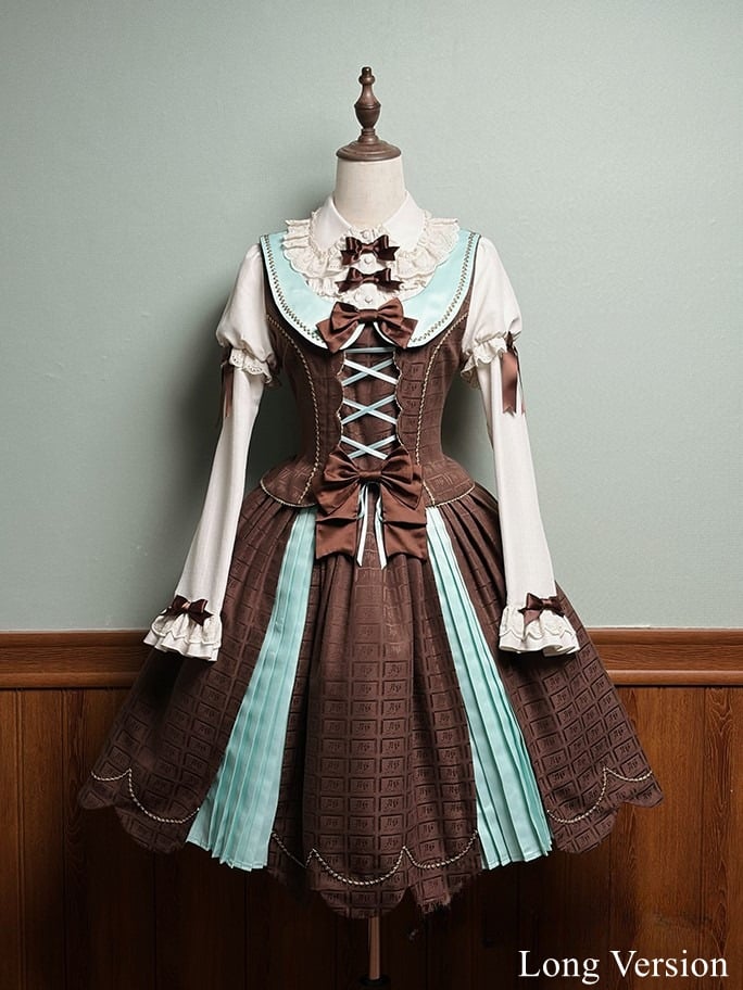 Scoop Scalloped Dress Chocolate Sweet Mint Hem with Lolita Neckline Edge Green