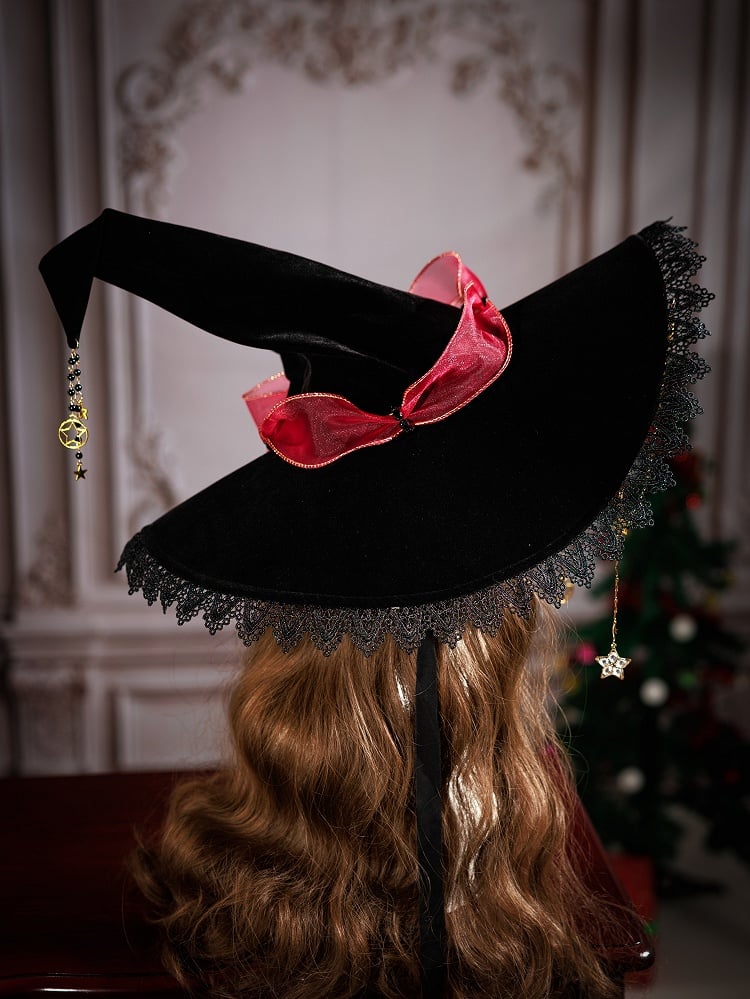Red Ribbon Bow Christmas Fancy Witch Hat with Optional Shiny Veil and Stars Chain