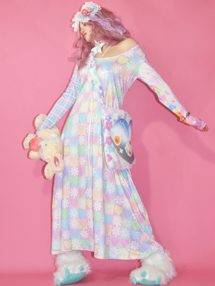 Blumendruckmuster Herz Y2K Buntes und kariertes Bärenkleid