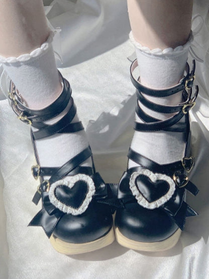 Removable Cross Round with Top 6.5cm Mary Bow Shoes Platform Toe Heart Jane Black Straps Accents -