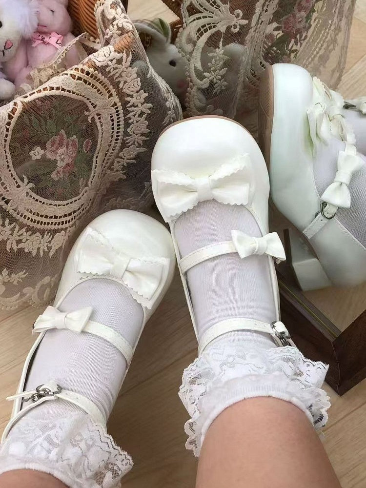 Mary Accents Bow White PU Delicate - Heel Lolita Janes with Sweet Low/Mid