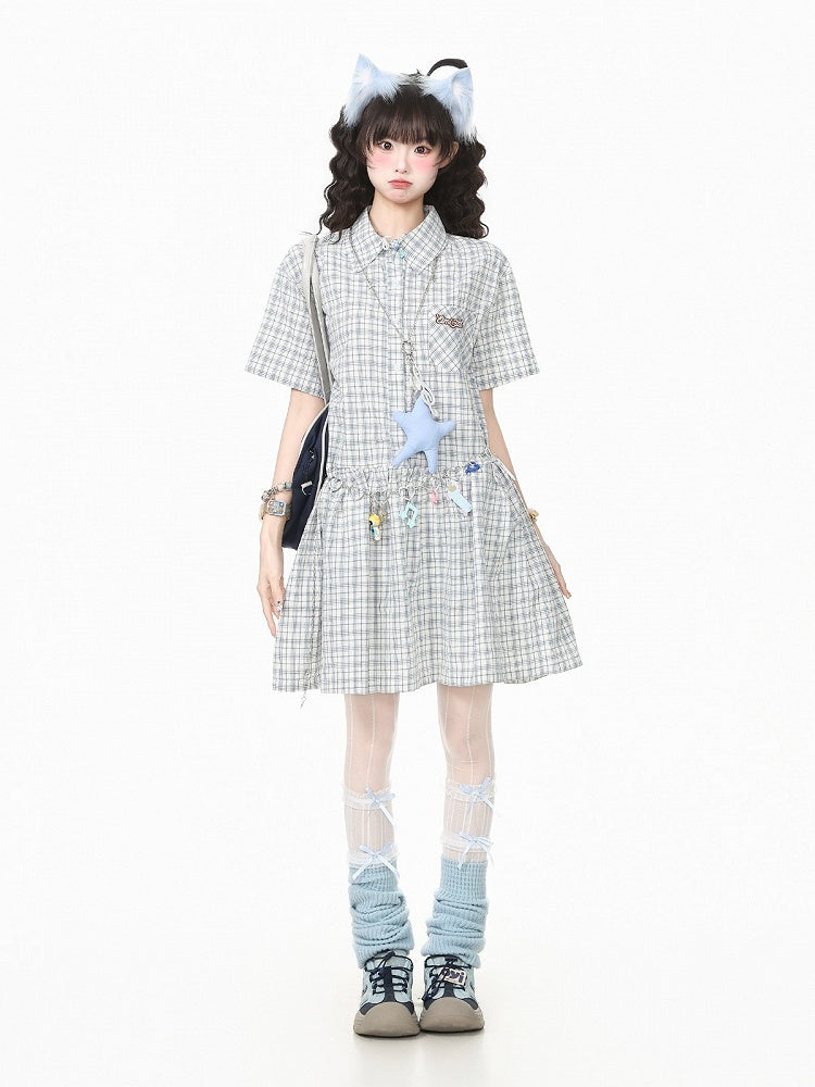 Preppy Gray Plaid Polo Neck Short Sleeve Dress - Languid Park