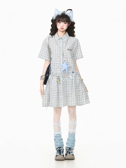 Preppy Gray Plaid Polo Neck Short Sleeve Dress - Languid Park