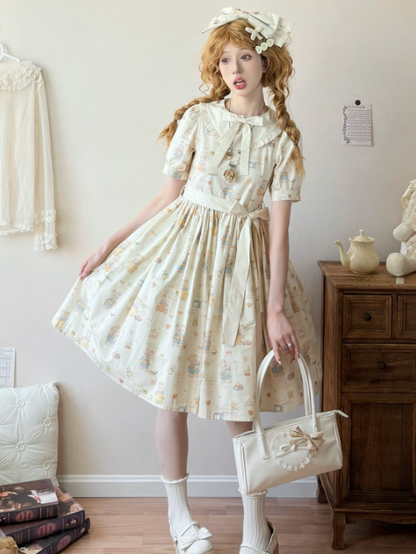 Sweet Print Beige Version Sleeves Bear Short Lolita Dress