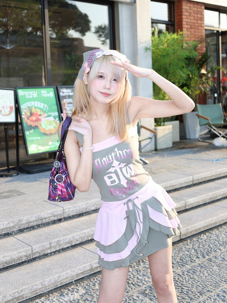 and Letter Print Gyaru Pink  Gray Tiered Colorblock Dress with Cross
