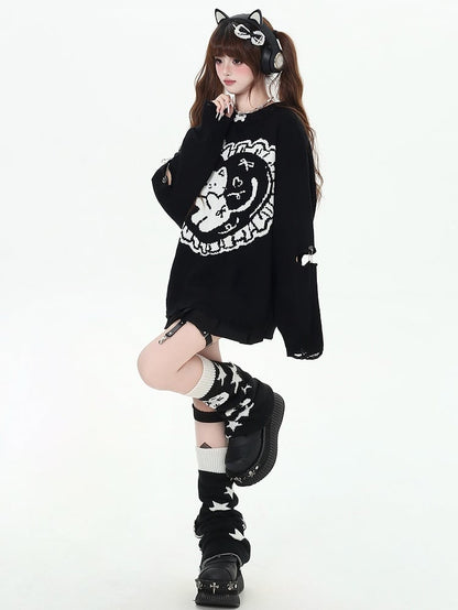 Black Striped Bunny Ears Hooded V-neck Cardigan