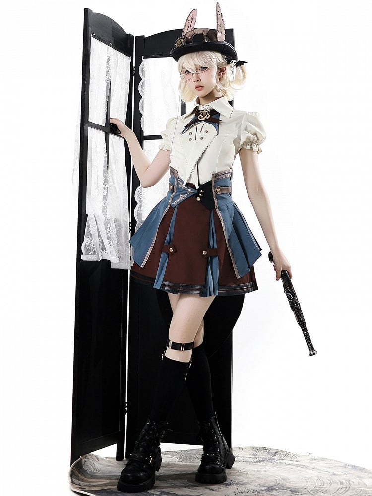 Ouji Style Three-Piece Set Short Sleeve Shirt Ruffle Skirt Tail Train Corset Belt - Xiong Dou Jiang