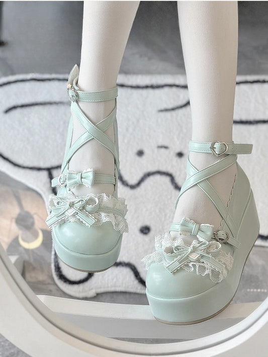 Green Feminine Round-Toe Romantic Lace Platforms with Buckles Accents Grass Heart Lolita