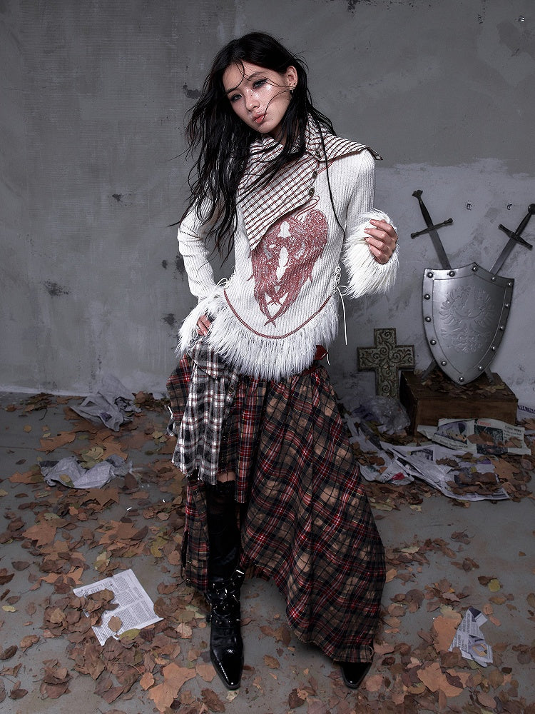 Shawl Vintage Red Print Christmas Plaid Knit Punk Top White Collar Wing with