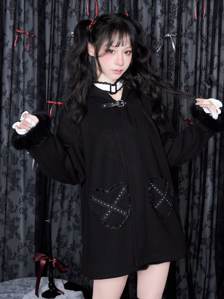 ハートアップリケポケットバックルジライケイプラッシュスタッズブラックストラップフード付きジャケットカフス