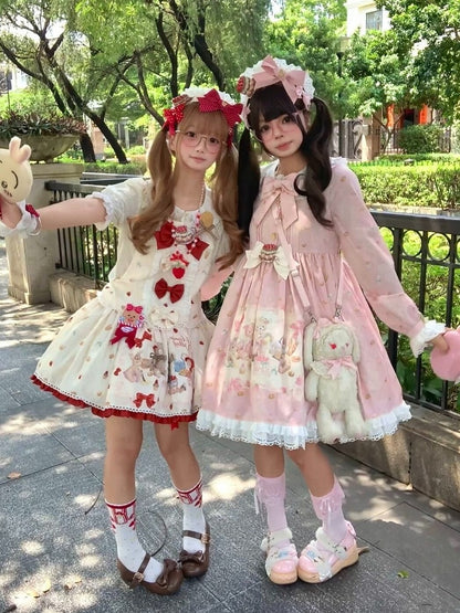 Wine Red/Pink Lace Bow KC with Cake Embroidery - Honey Village