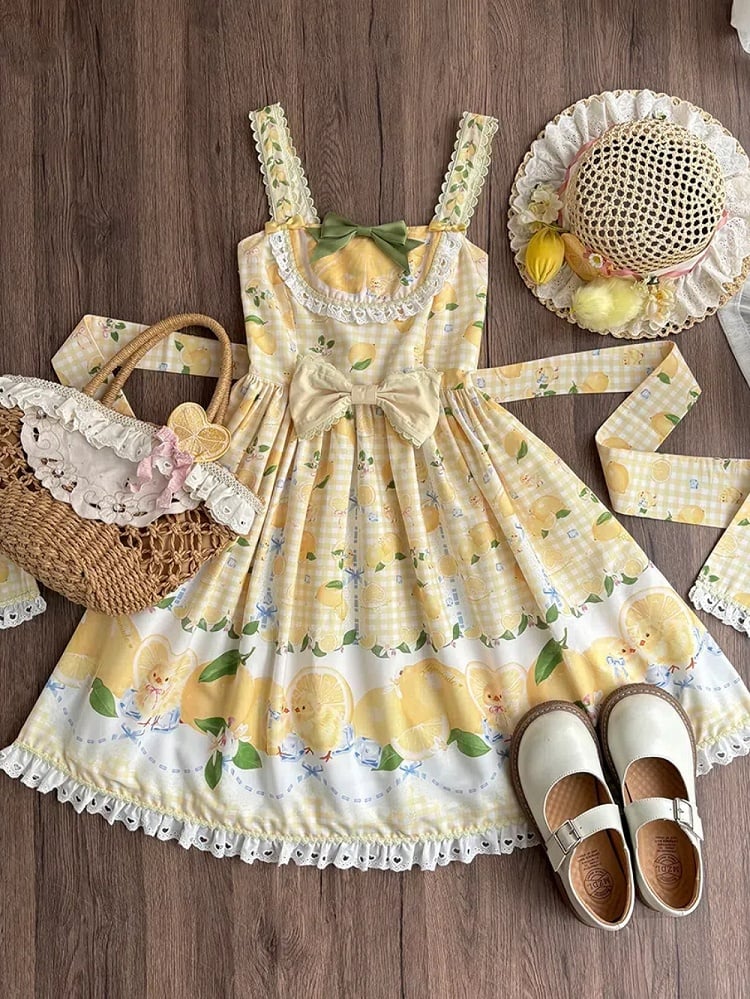 Zitronenkleid mit Chick-Gelb-Print und süßem Lolita-Gingham mit hoher Taille