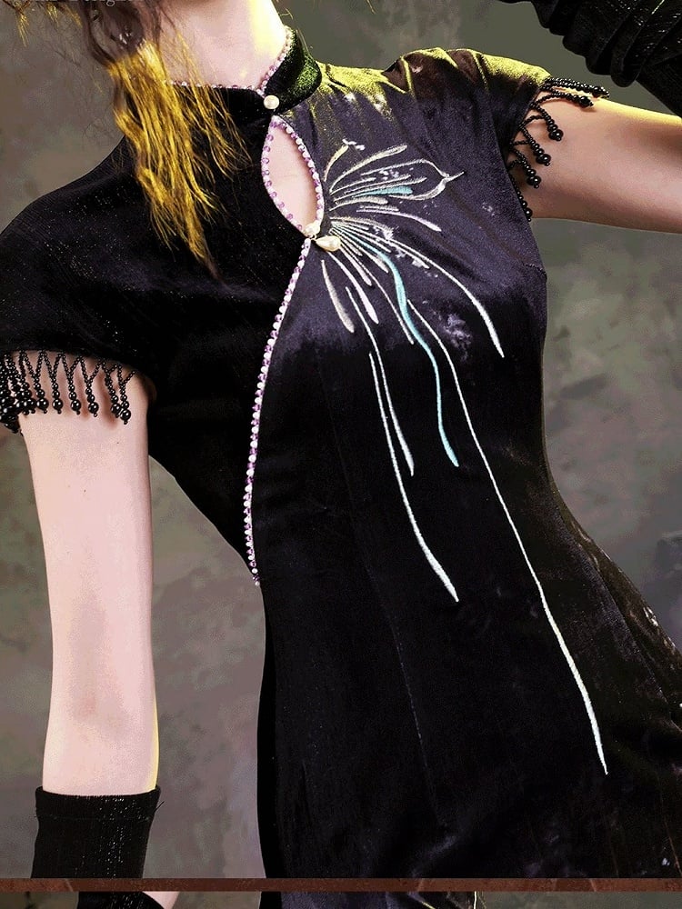Chinese Qipao Butterfly Wing Embroidered Mermaid Dress Fringe - sijinstudio