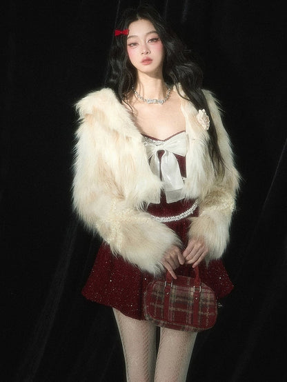 Weihnachtsrotes Tweed-Unterkleid mit Schleife und Perlendetails