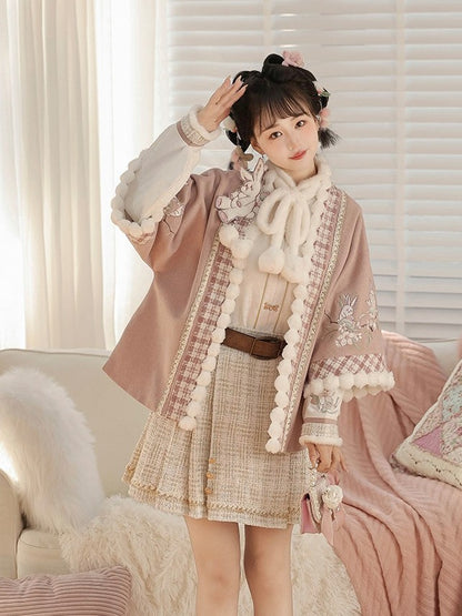 Hanfu-Style Fuzzy Long Sleeve Blouse with Pink Rabbit Embroidered Coat and Pleated Mini Skirt Set - Han Ru Chu Hanfu &amp; Han-Element Studi