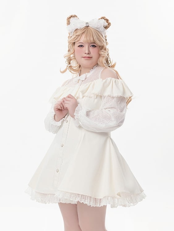 Beiges Jirai Kei-Kleid mit Illusionsausschnitt, ausgeschnittenen Schultern und Fliege