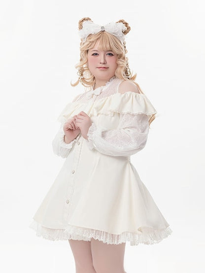 Beiges Jirai Kei-Kleid mit Illusionsausschnitt, ausgeschnittenen Schultern und Fliege