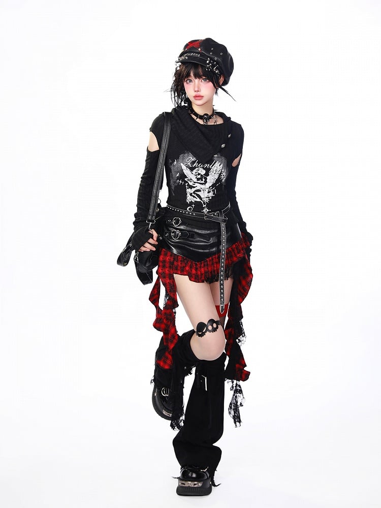Red Plaid Mini Skirt with Black Faux Leather Panel and Cascading Lace Trim
