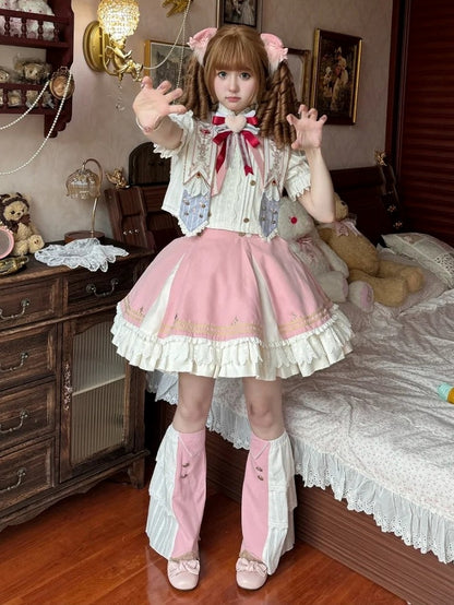 Buttons Gold-Tone Lace Trim Skirt Pink with and Waist High Lolita