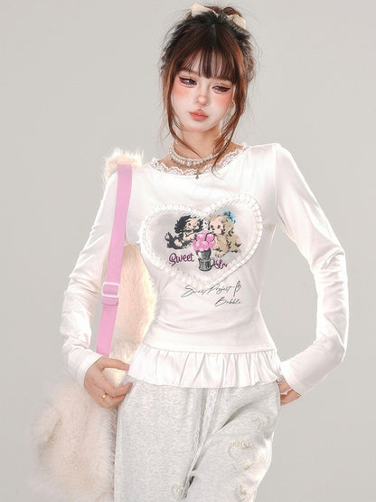 Grey/White Puppies Print Ruffle Hem Slim-fit T-shirt