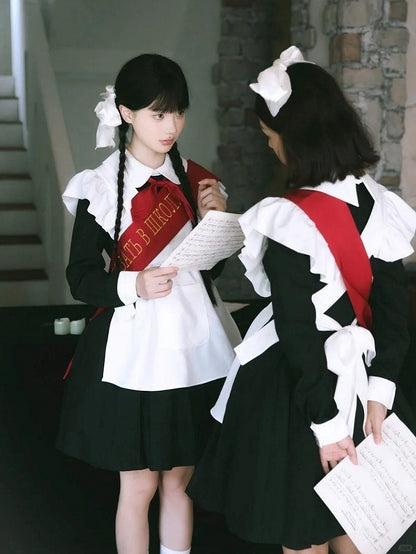 Red Black Bow Full Pleated Embroidered Maid Tie Ribbon with Sleeves Set + Lolita Apron Long Dress