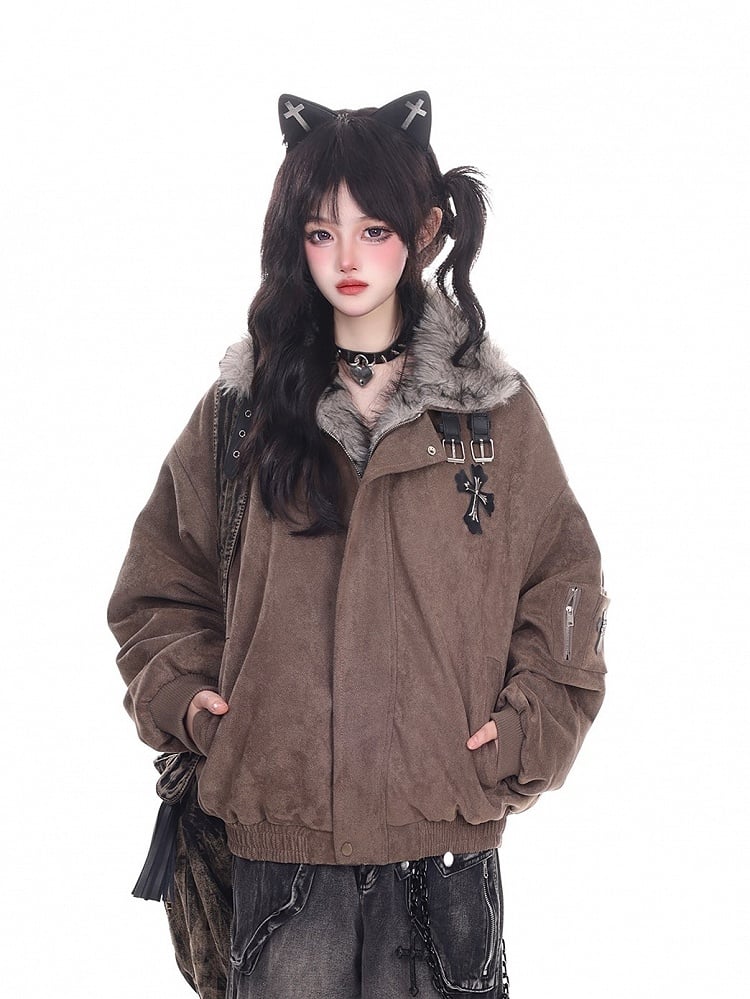 Jacket Plush Blouson Brown/Black Collar with Punk Fleece-lined