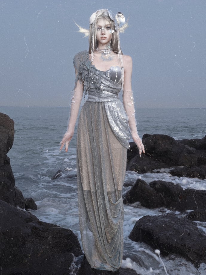 Shimmer Siren Asymmetrischer Ausschnitt Goth Cascading Rüschen Kleid Fee