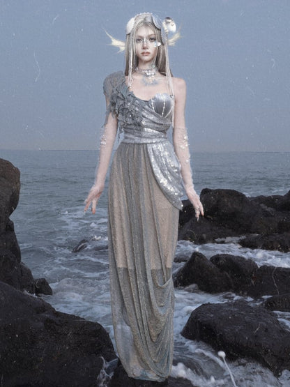 Shimmer Siren Asymmetrischer Ausschnitt Goth Cascading Rüschen Kleid Fee