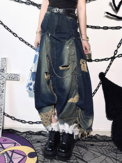Accents Distressed Skirt Chain Maxi with Slit Blue Denim