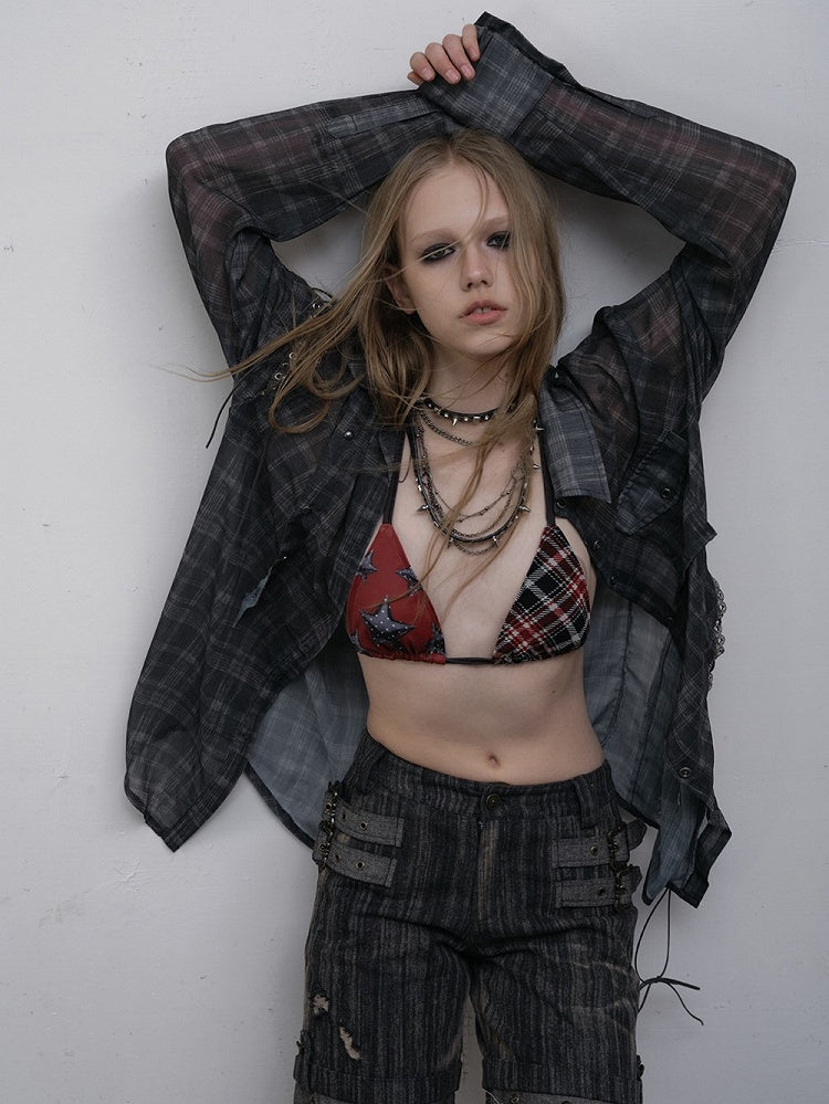 Side Laces Shirt Punk Chiffon with Gray Plaid Cross-Tie Slits