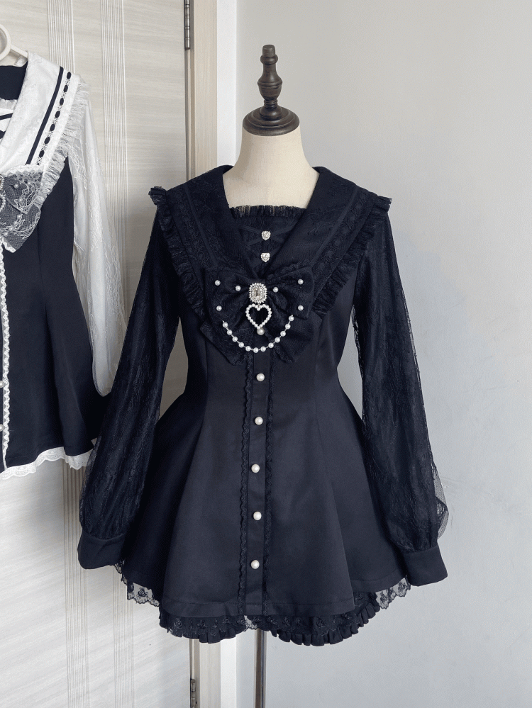 Collar x Navycore Set: Coord Dress Matching All-Black Jirai Shorts Sleeve Kei Sailor Long