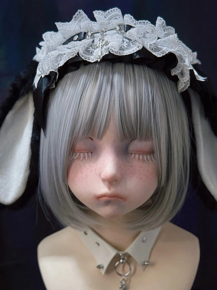 Alternative Leather Black Bunny Plush Ear Style Strap with White Droopy Dark Lace KC