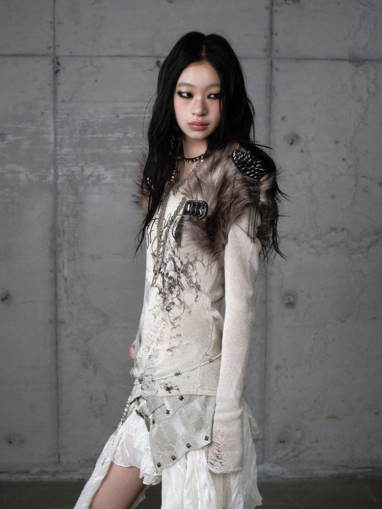 Chain with Brown Accents Vintage Faux Details Studded Vest Fur Punk