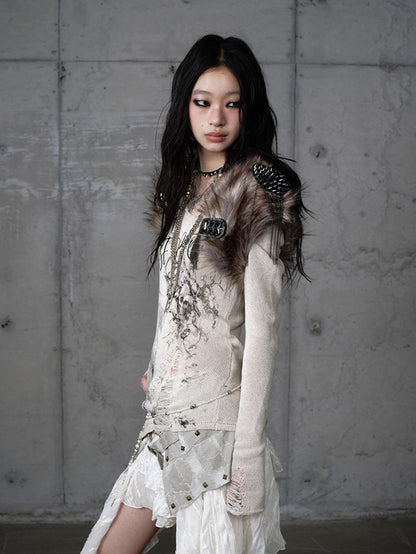 Chain with Brown Accents Vintage Faux Details Studded Vest Fur Punk