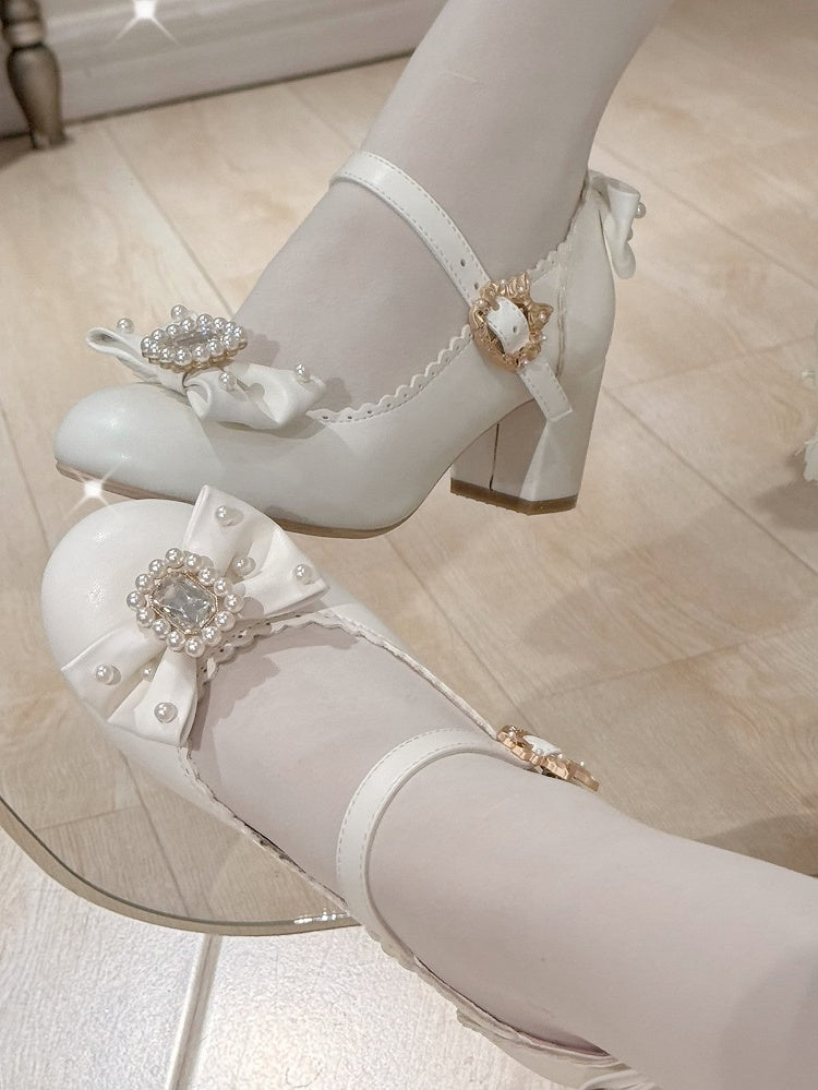 ラウンドロリータラインストーンメリートゥ装飾ディテールホワイト＆ビーズボウノットジェーンズシューズ