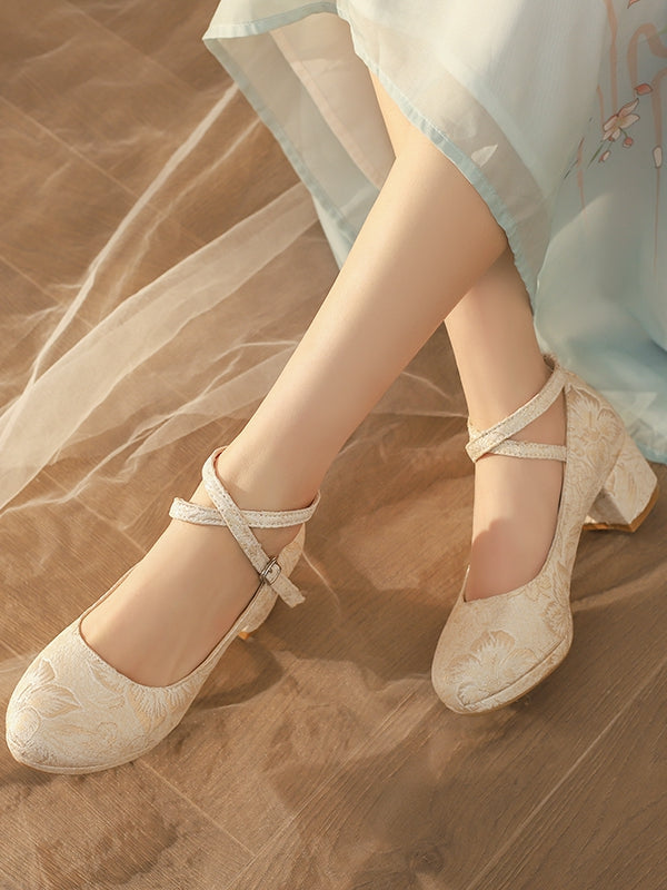 Qi Lolita Mid-Heel Crisscross Floral Beige Mart Design Pattern Janes - Satin
