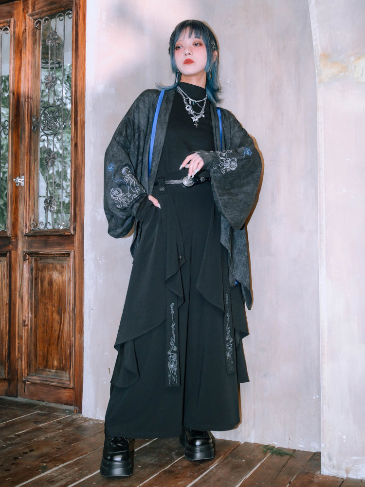 Gothic Black Wide-Leg Trousers with Asymmetrical Layers & Detachable Jellyfish Embroidered Ribbon - Quirky Hut
