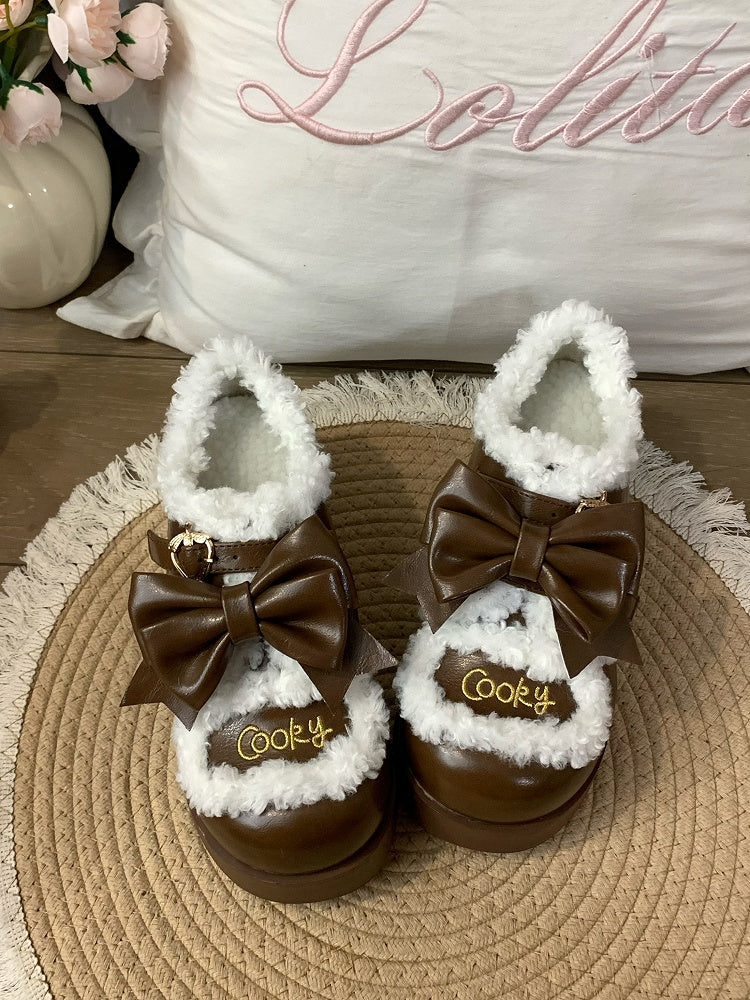 Round Toe Sweet Lolita  Brown Platform Shoes with Fleece-lined & Strawberry Snap