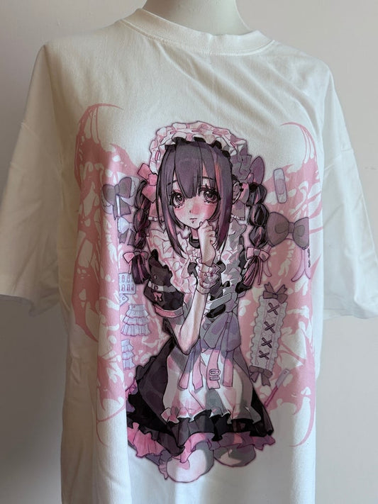 Girl Round Kei T-shirt Cartoon Neck White Jirai Print