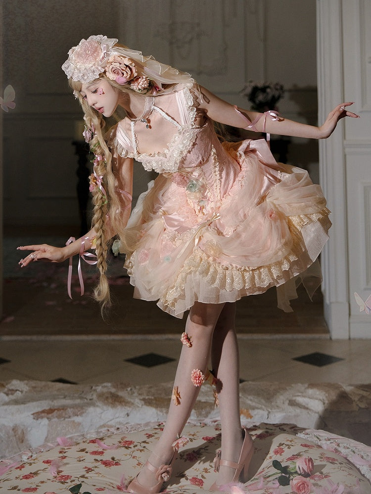 Prinzessin Blumenkleid mit Knochen, rosa Pullover, Taille, Fee, Lolita, Korsettrock, Hanayome