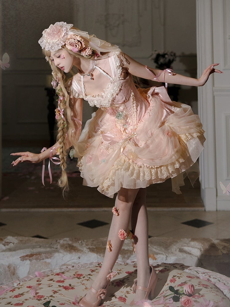 Entbeint Vollkorsett Hanayome Rosa Kleid JSK Floral Taille Prinzessin Lolita Set Fee