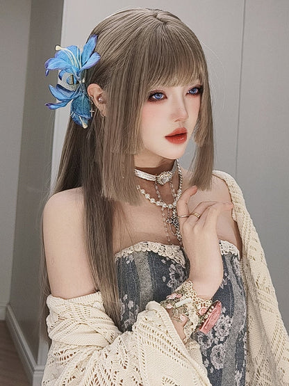 ライトブラウン姫カットロングストレート合成ウィッグ